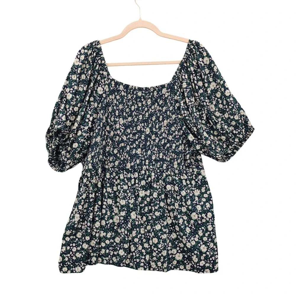 Old Navy Womens Cottagecore Babydoll Peasant Smocked Top 3X Floral Puff Sleeve